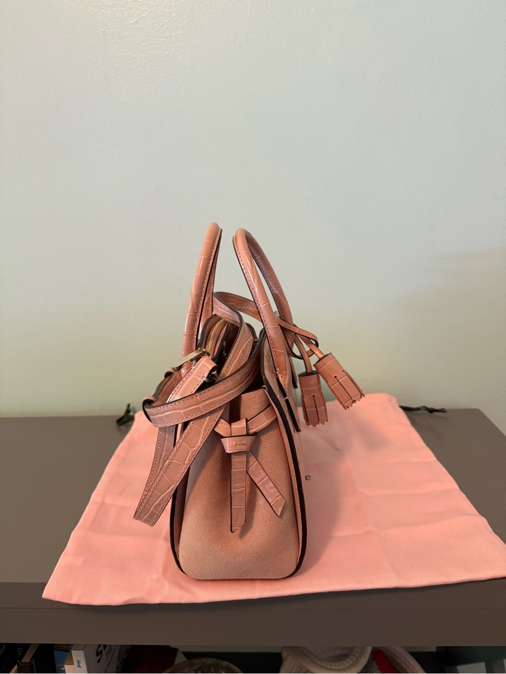 Kate Spade Knott Croc-Embossed Leather and Suede Medium Satchel Pink - Picture 2 of 5